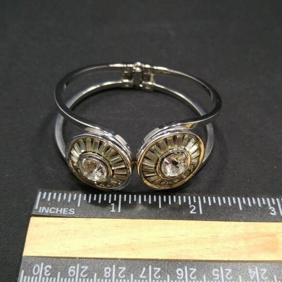 Vintage Clear Rhinestone Hinged Clamper Bracelet, Rhodium Plated, Wedding Cuff - Picture 8 of 9